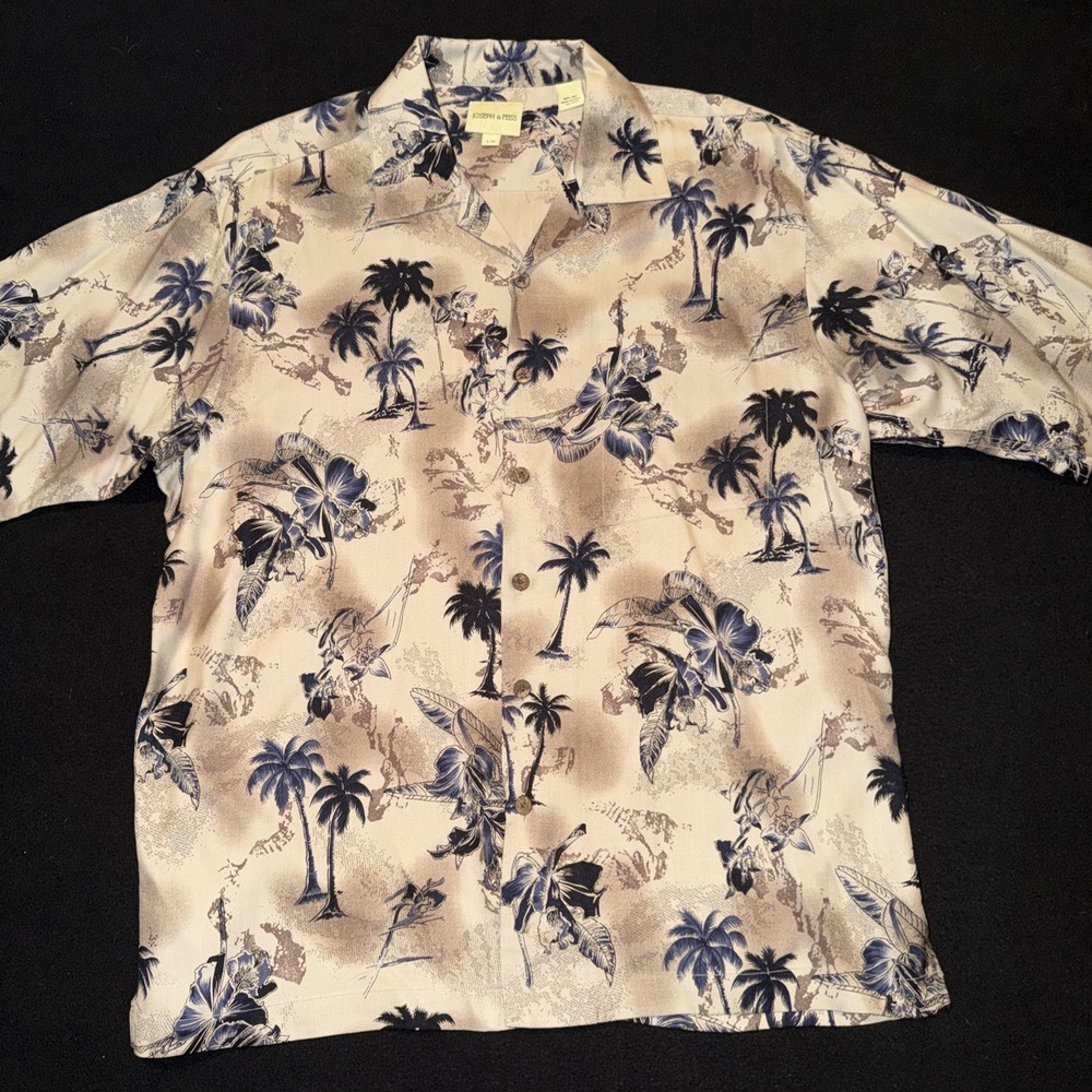 Joseph & Feiss Palms & Hibiscus 100% Silk Beige Short Sleeve Camp Shirt Mens L